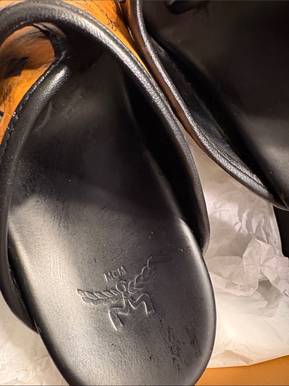 MCM Unisex Orange Logo Double-Buckle Slide Sandals - Picture 2 of 6